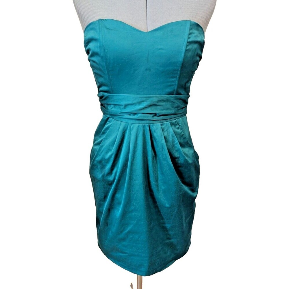 H&M Strapless Cocktail Dress 10 Teal Sweetheart Tulip Skirt Satin Pockets Glam